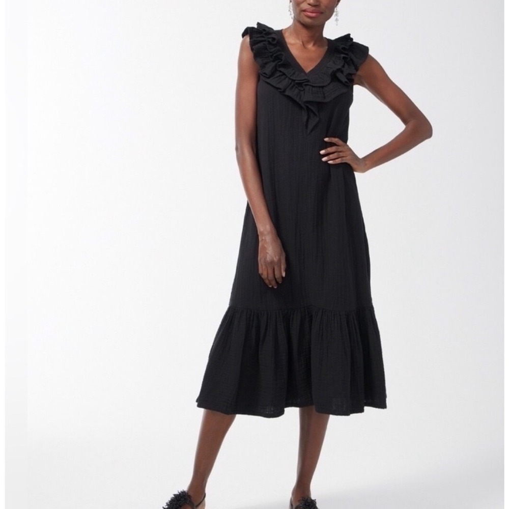 Chico's Sleeveless Gauzy Cotton Ruffle Edge Tiered Midi Dress 000 (XS) Black
